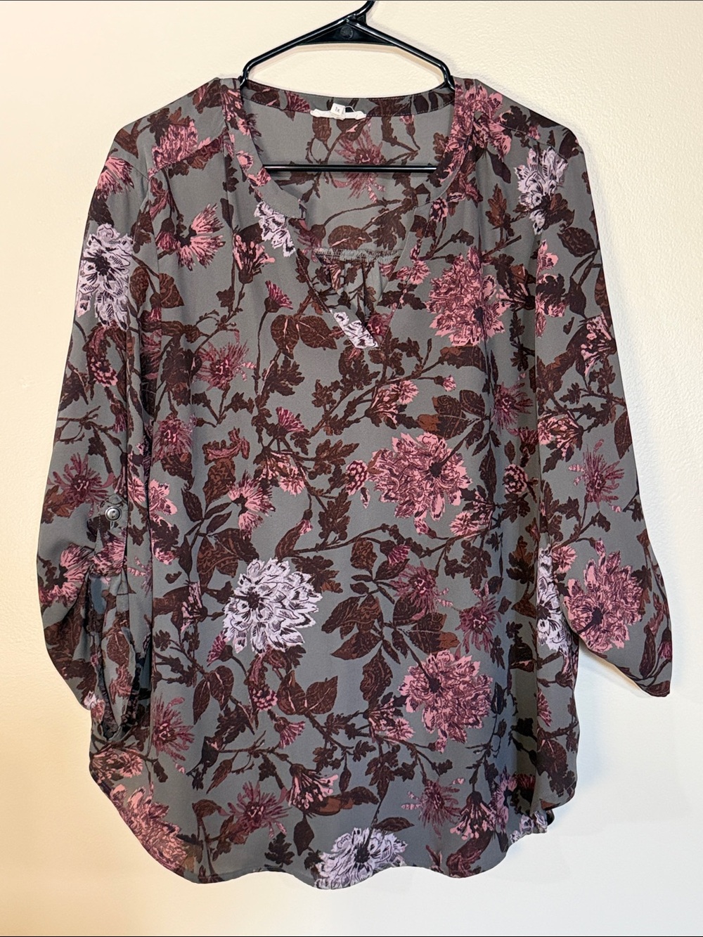 Maurices Gray Blouse with Pink Floral Print